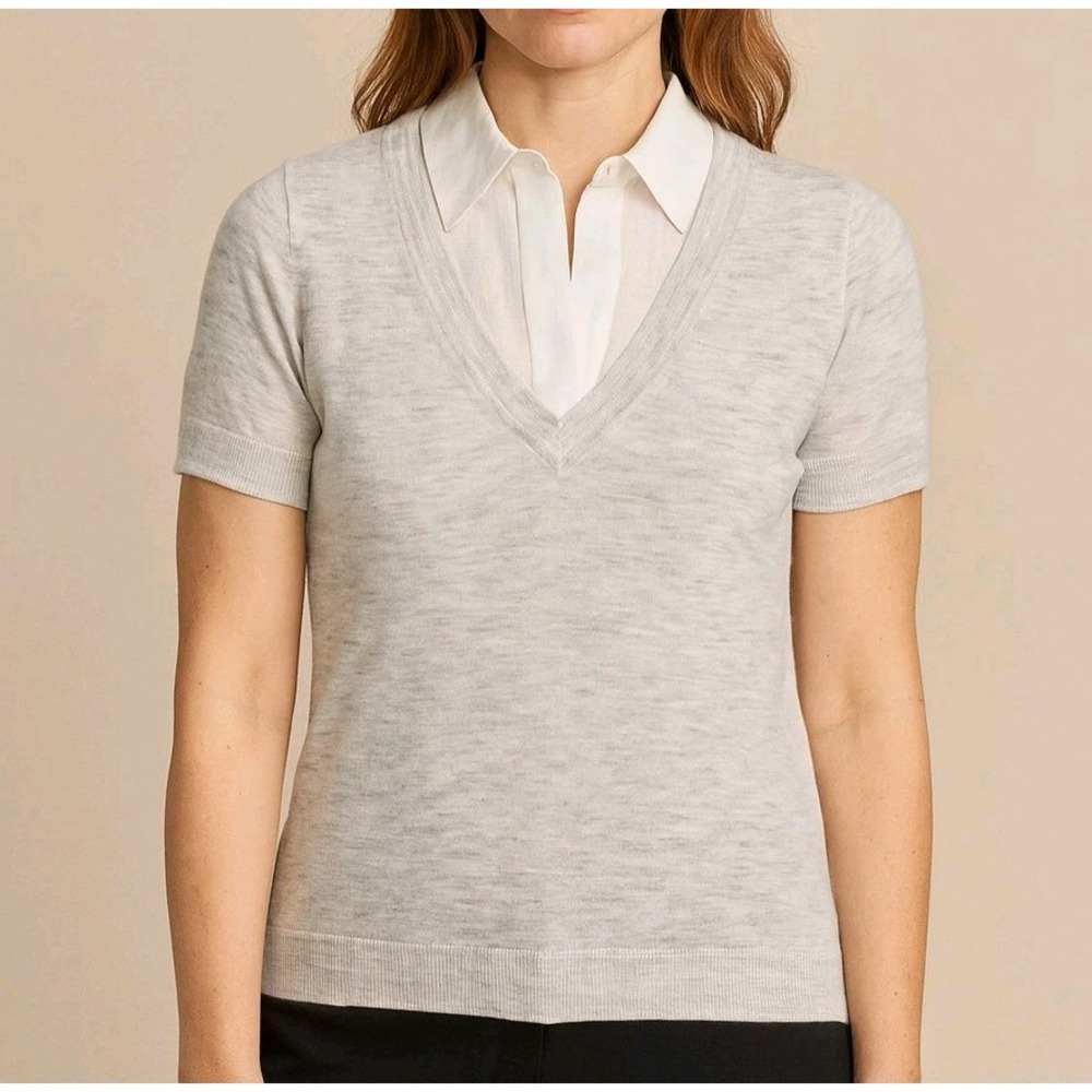 Made In Italy Collared Layered Short Sleeve Vest‎ Blouse Gray Size 40 Or Medium